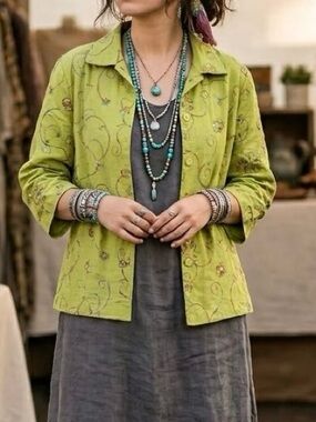 ANNE CARSON Lime Green Embroidered Linen Blend Jacket Lagenlook Artsy Eclectic